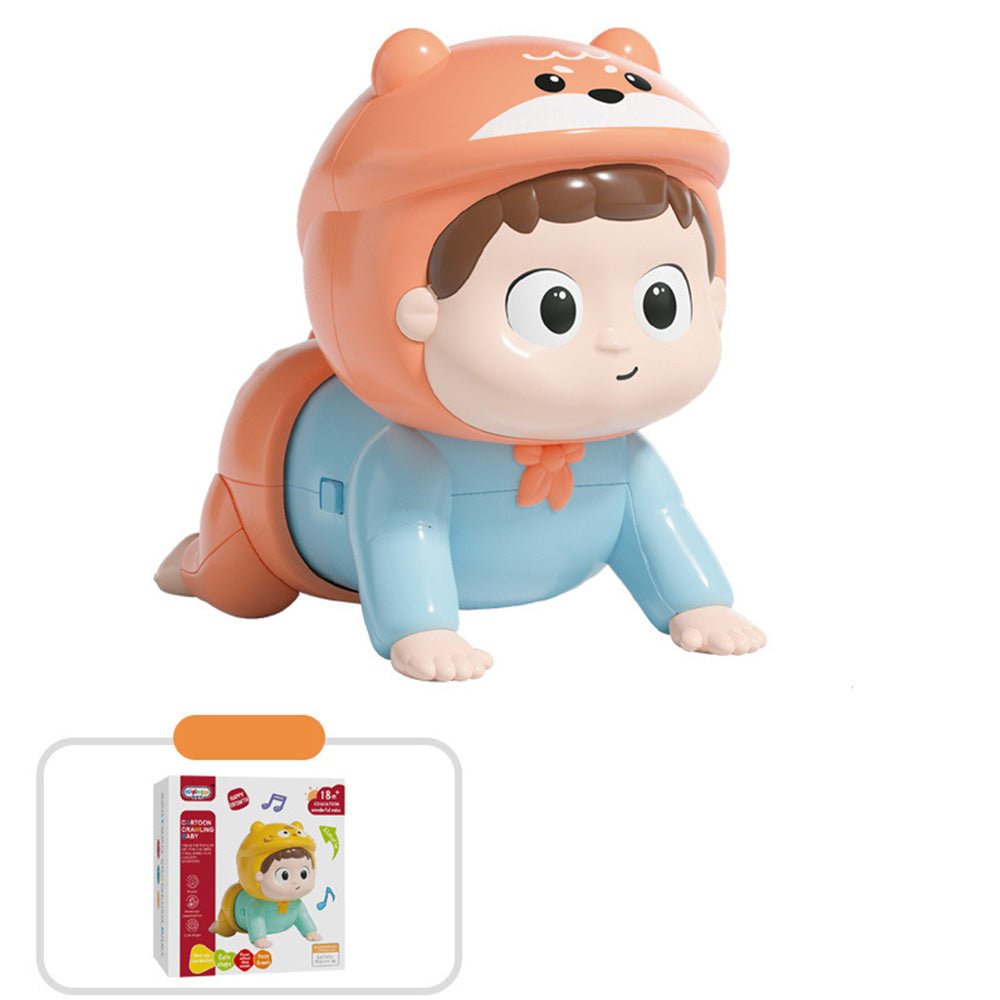 Babelio crawling baby toy in blue and orange bear suit, displayed with packaging box