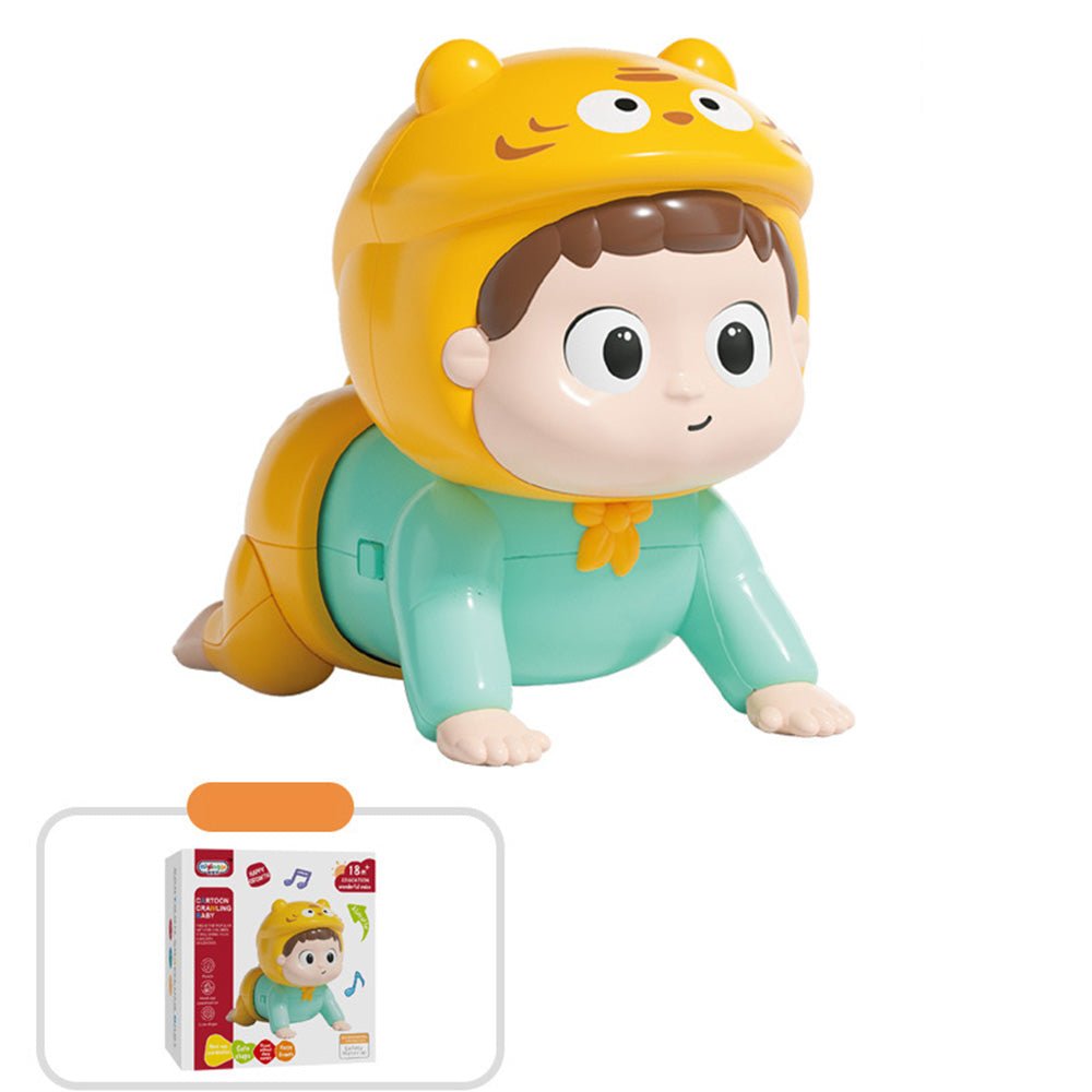 Babelio crawling baby toy with yellow animal helmet, shown with retail box.