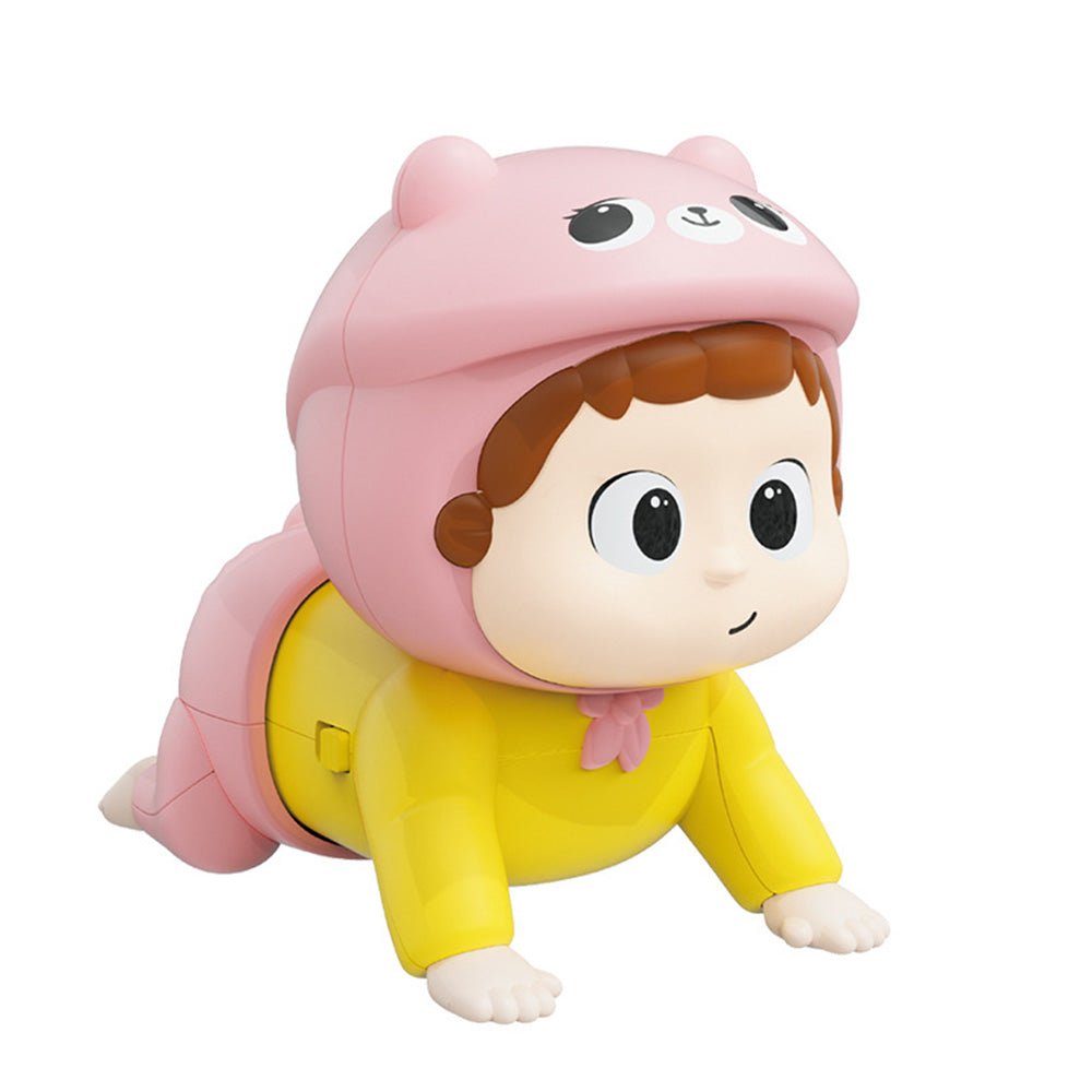 Babelio crawling baby toy with pink bear hat and yellow outfit on white background