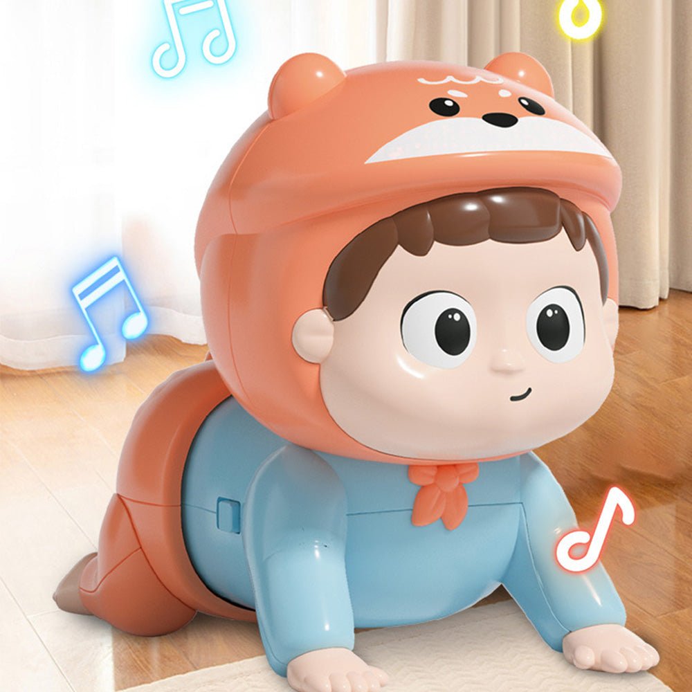Babelio crawling baby musical toy in nursery with wood floor and curtains