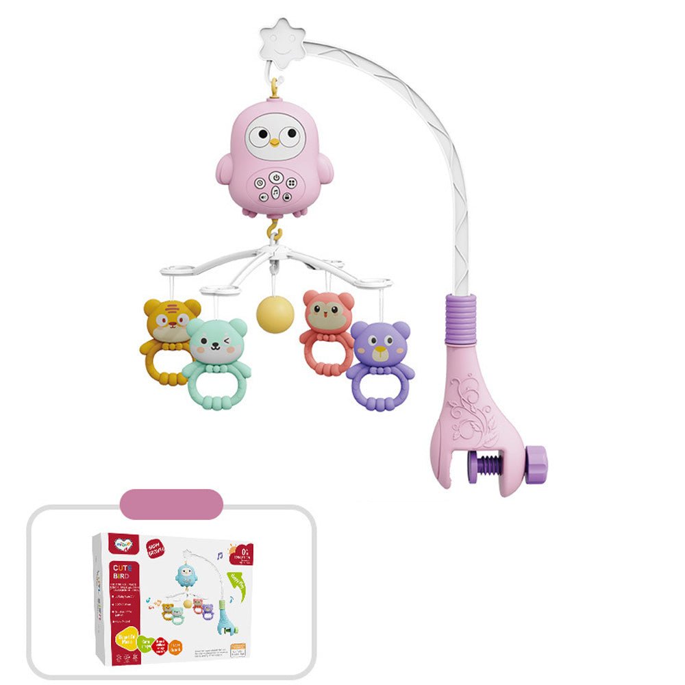 Babelio pastel owl baby mobile with animal toys, shown with product packaging, ideal for nursery