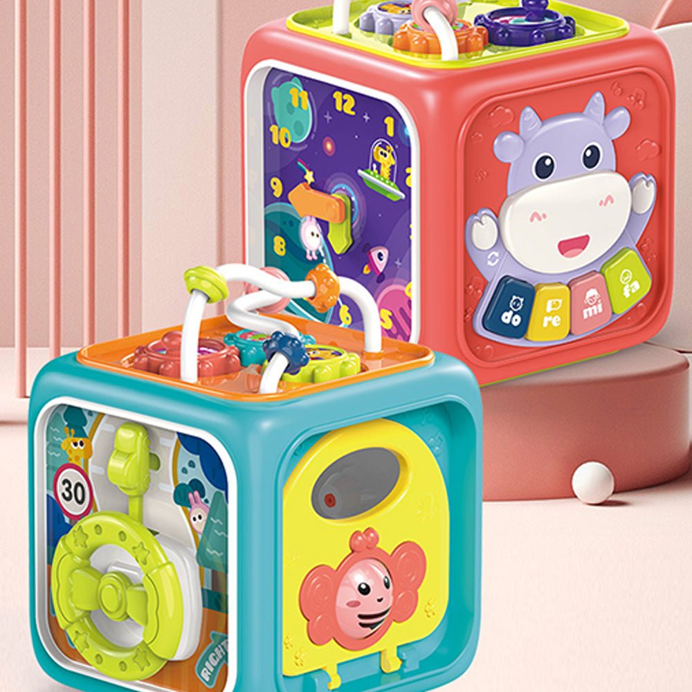 Babelio colorful baby activity cubes with animal designs in a nursery setting