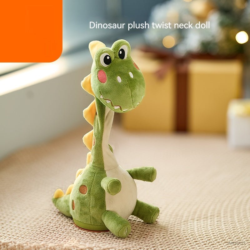 Babelio green dinosaur plush toy with twist neck on nursery table