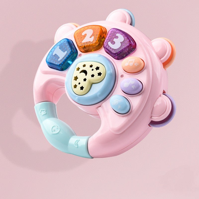 Babelio pastel baby toy with numbers and music buttons on a pink background