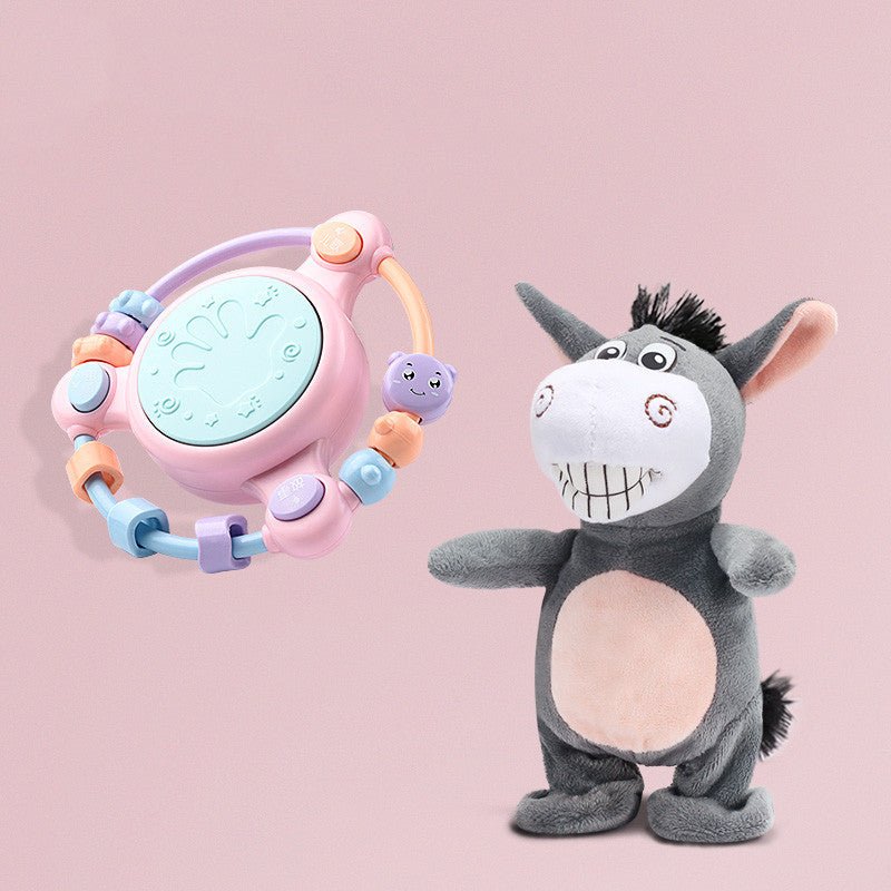 Babelio baby plush donkey toy and colorful rattle on pink background
