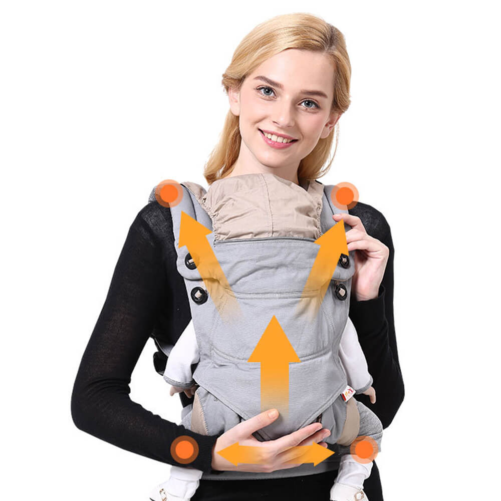 Babelio ergonomic baby carrier worn by woman, secure shoulder wrap for infants, plain background