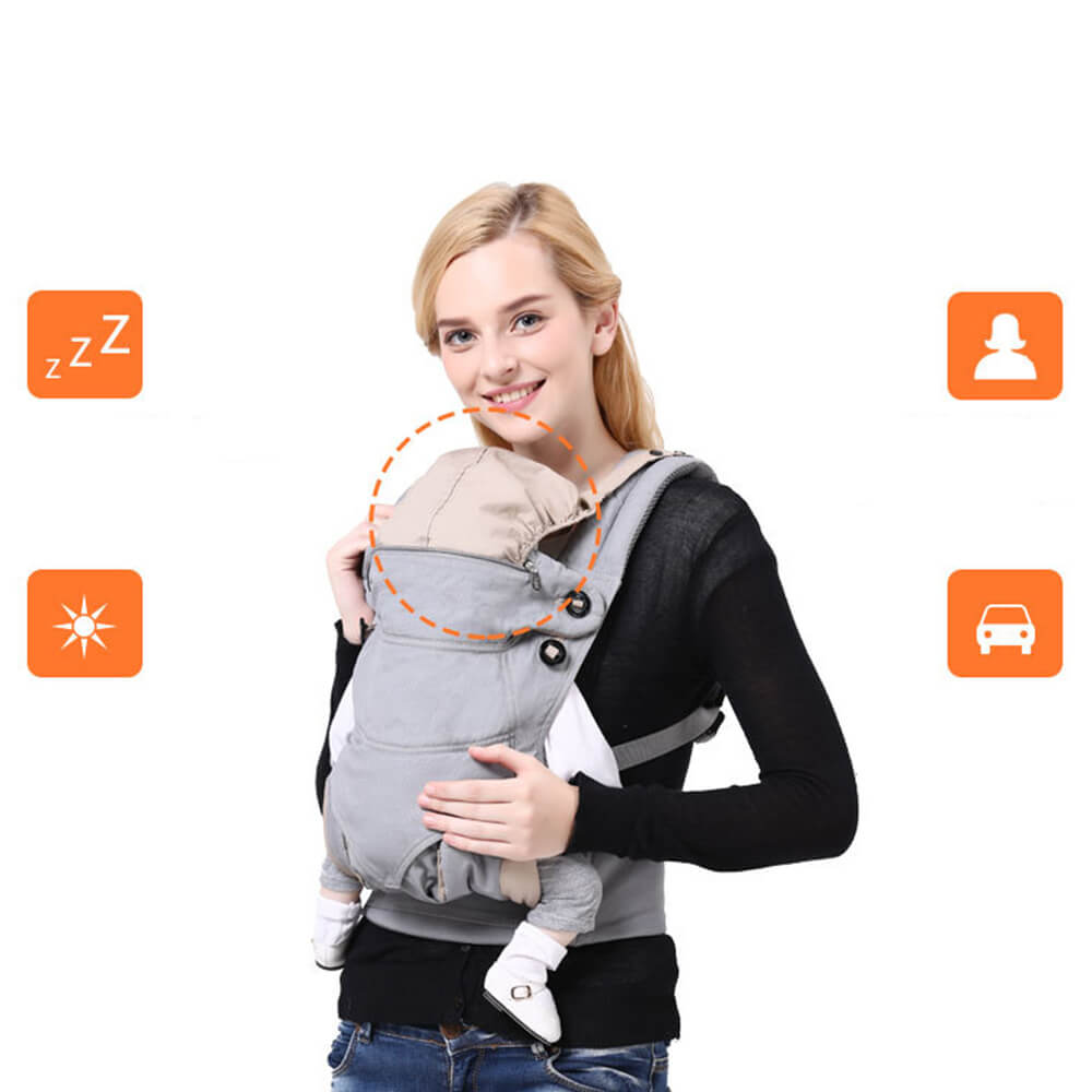 Babelio baby carrier for infants, worn by parent, light gray design in bright studio setting