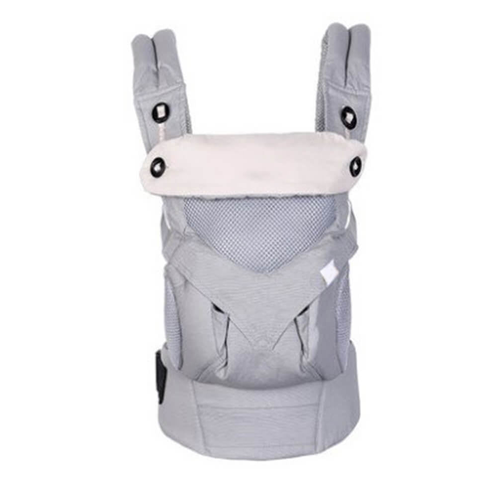 Babelio grey baby carrier with mesh panels, adjustable straps, and padded support