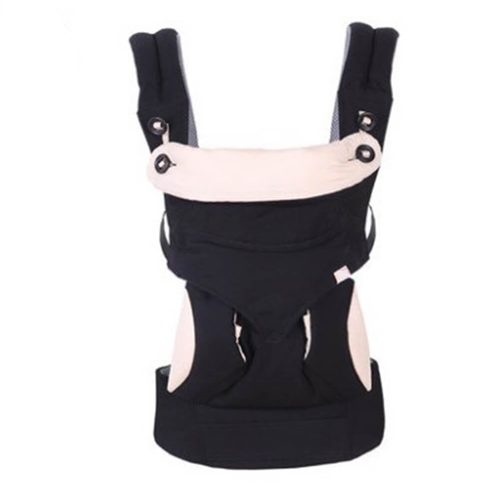 Babelio black and beige baby carrier with padded straps, ergonomic design, white background.