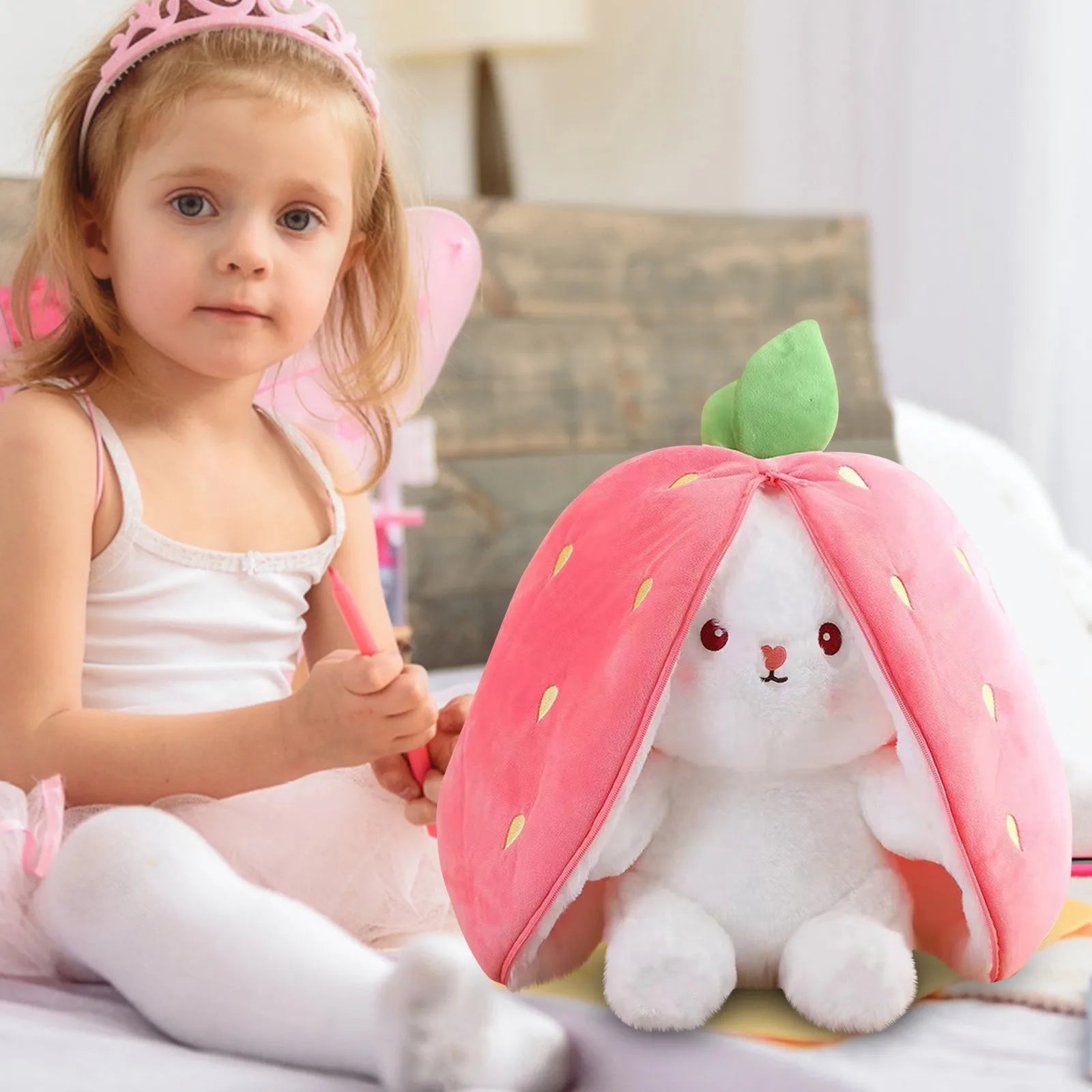 LulliNini Easter Bunny Plush Reversible Carrot Strawberry Bunny Plush Toy Pillow Bunny With Zipper Birthday Gift For Boys Girls Kids Doll