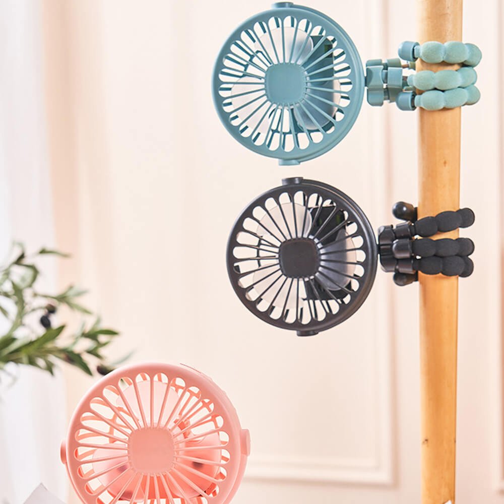 Babelio portable stroller fans with flexible tripod legs shown in a nursery setting.