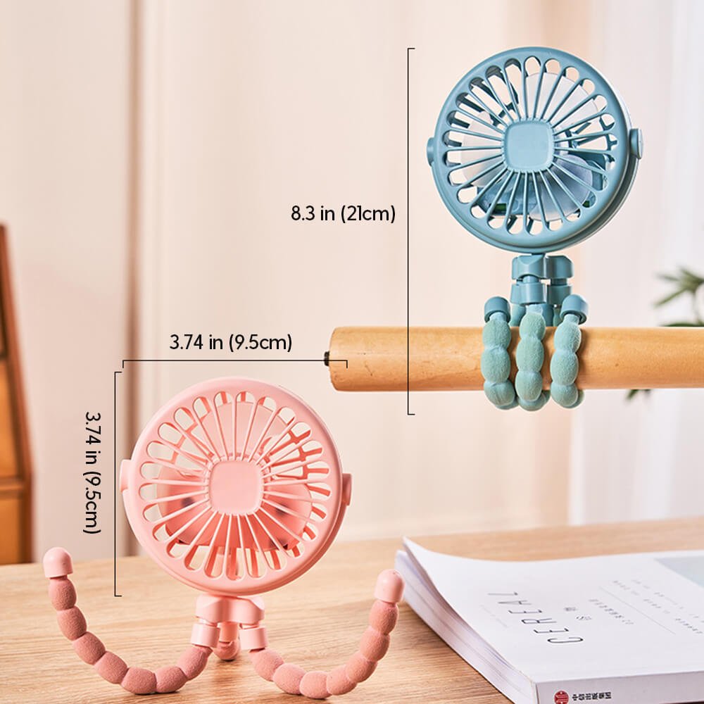 Babelio portable stroller fan with flexible tripod legs, shown in a nursery setting