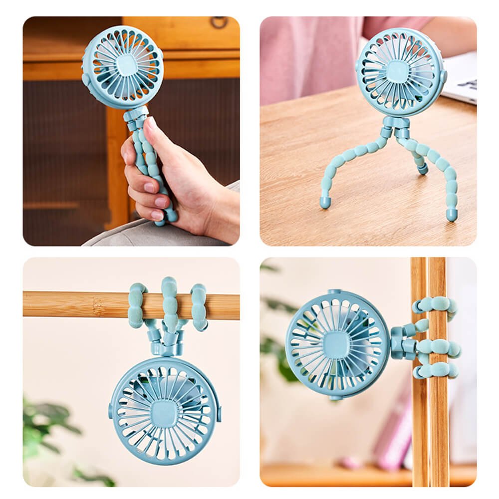Babelio portable blue mini fan with flexible tripod for strollers or nursery settings