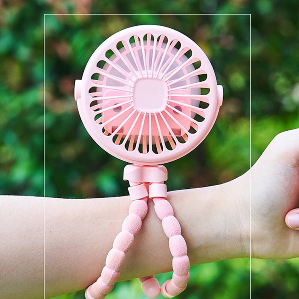 Babelio pink portable stroller fan with flexible tripod legs outdoors