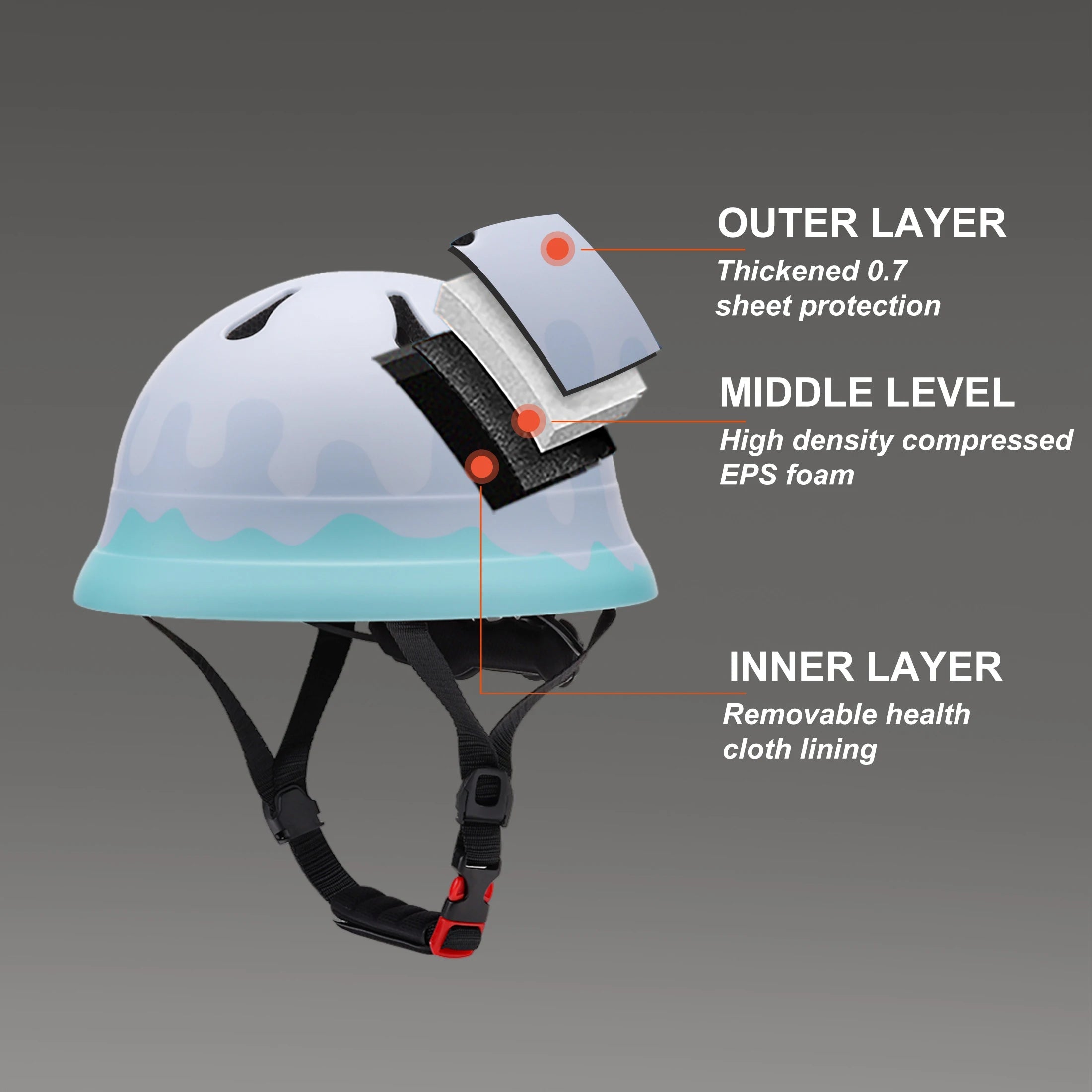 Babelio kid's balance bike helmet showing layered safety construction on plain background.