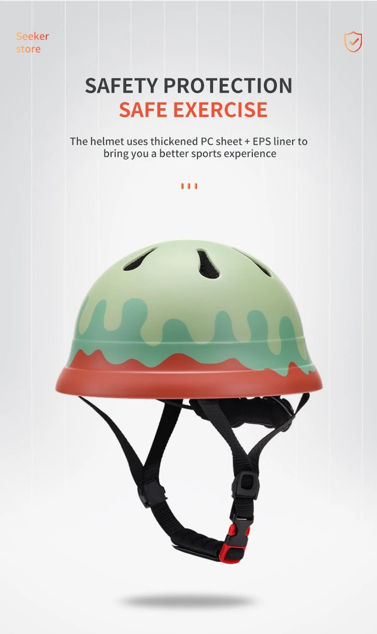 Babelio kids green and red safety helmet with chin strap, ideal for active play and bike riding