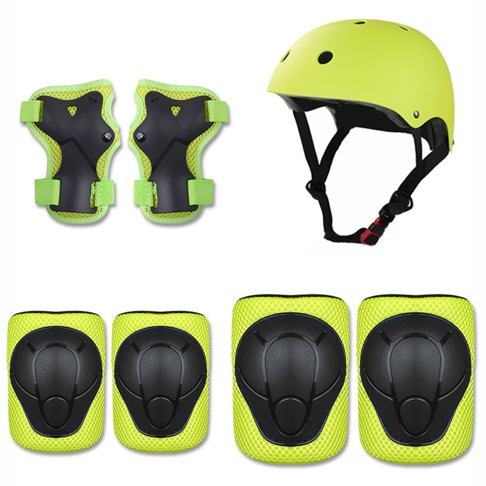 Babelio kids safety helmet and pad set in bright green, including knee, elbow, and wrist guards.