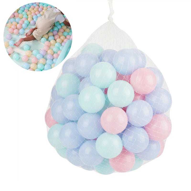 Babelio pastel plastic ocean ball pit balls in a mesh bag, ideal for nursery playrooms.