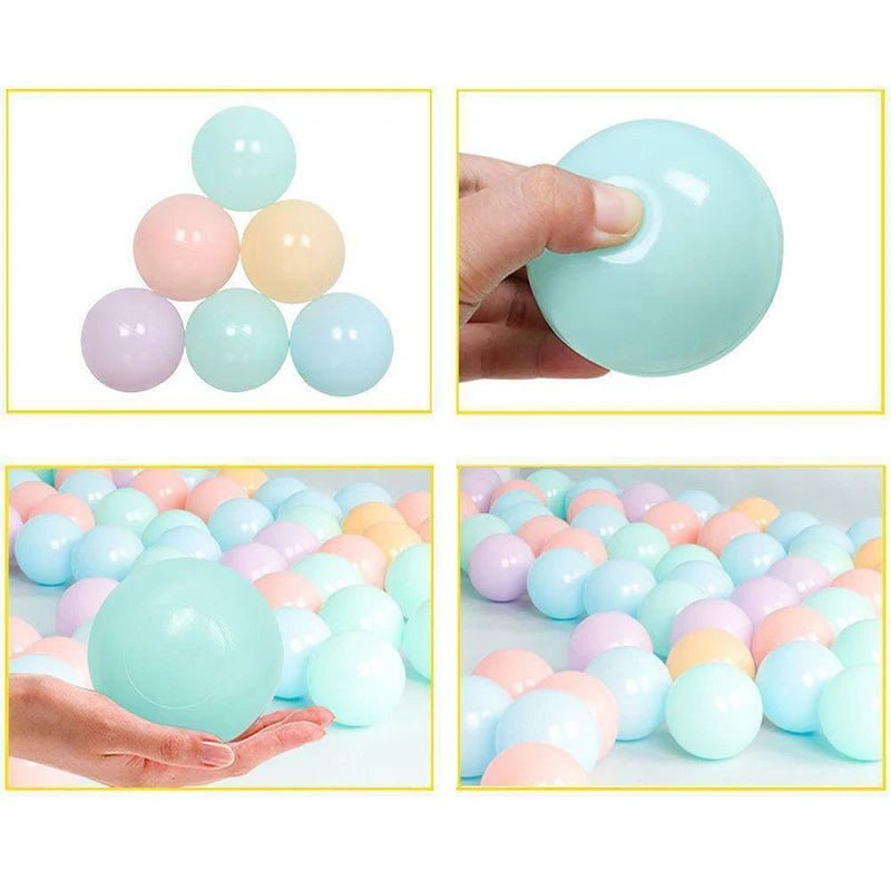 Babelio pastel baby play balls for ball pit, shown in hand and in a nursery setting.