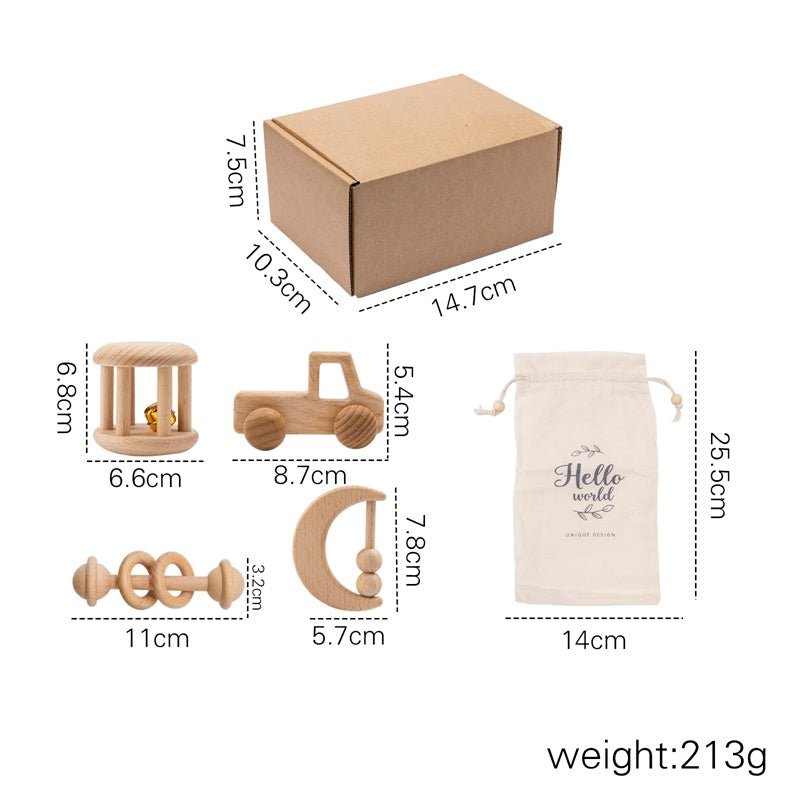 Babelio wooden baby toy set with storage box and drawstring bag, nursery essentials