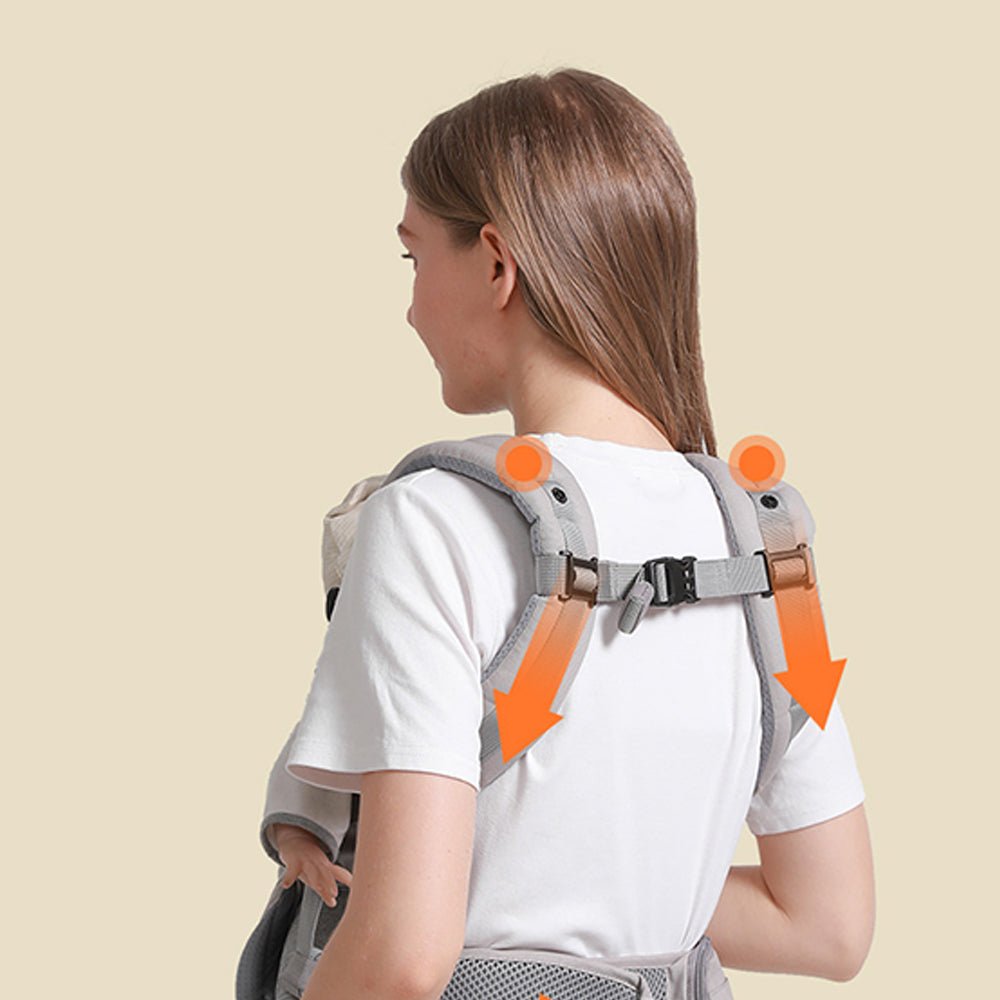 Babelio ergonomic baby carrier with hip seat, adjustable straps, shown worn by a parent