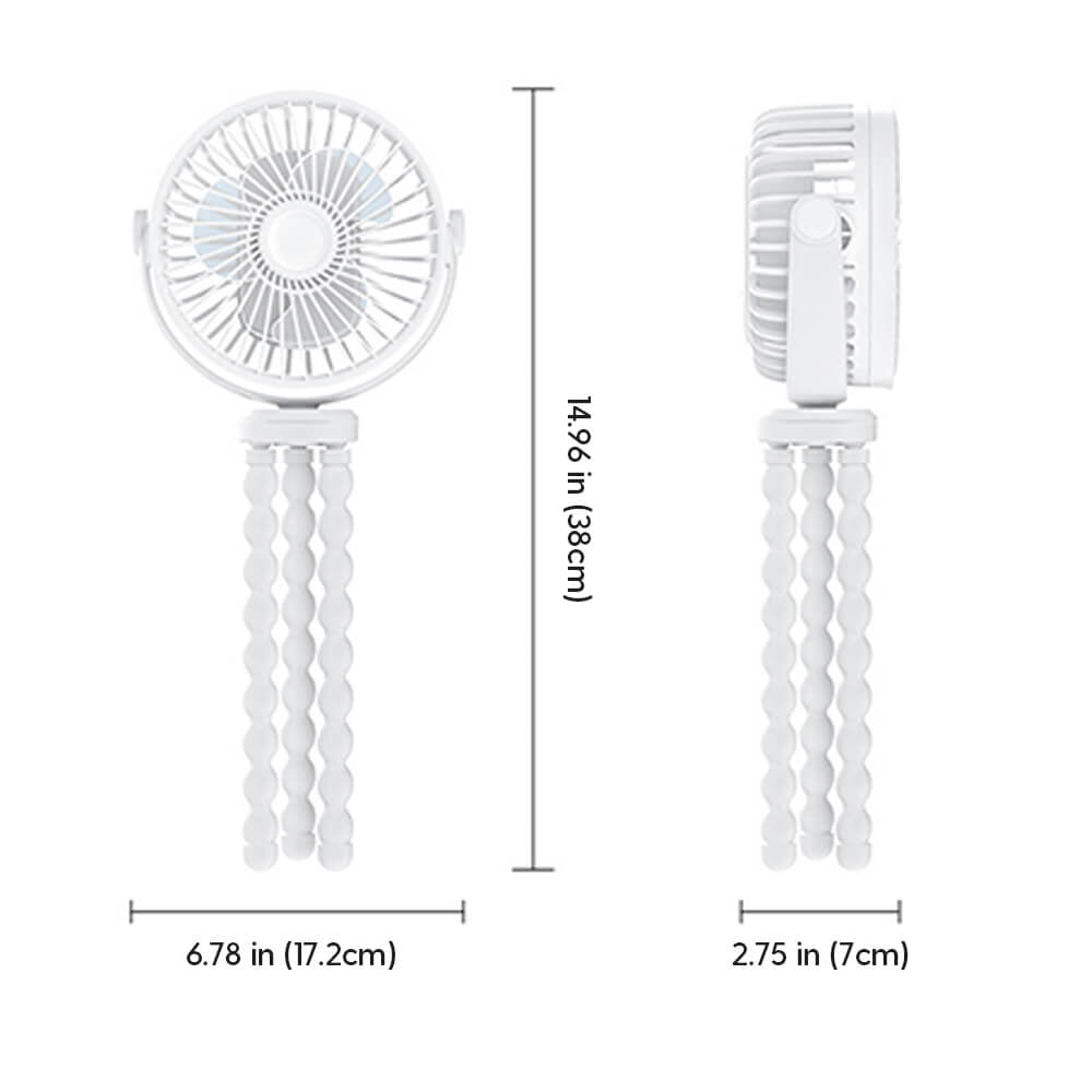 Babelio portable USB mini octopus fan with flexible tripod legs, white, shown with measurements