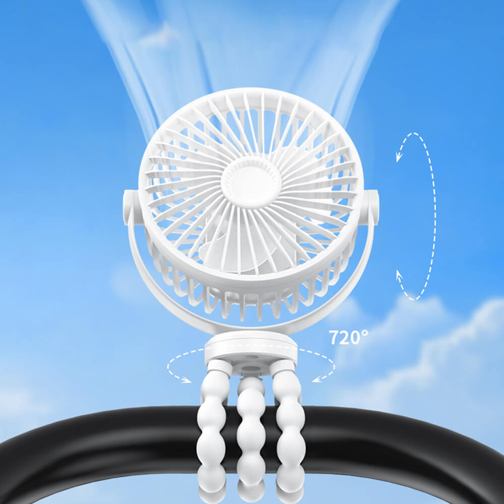 Babelio portable USB octopus fan with flexible tripod legs attached to a stroller handle outdoors