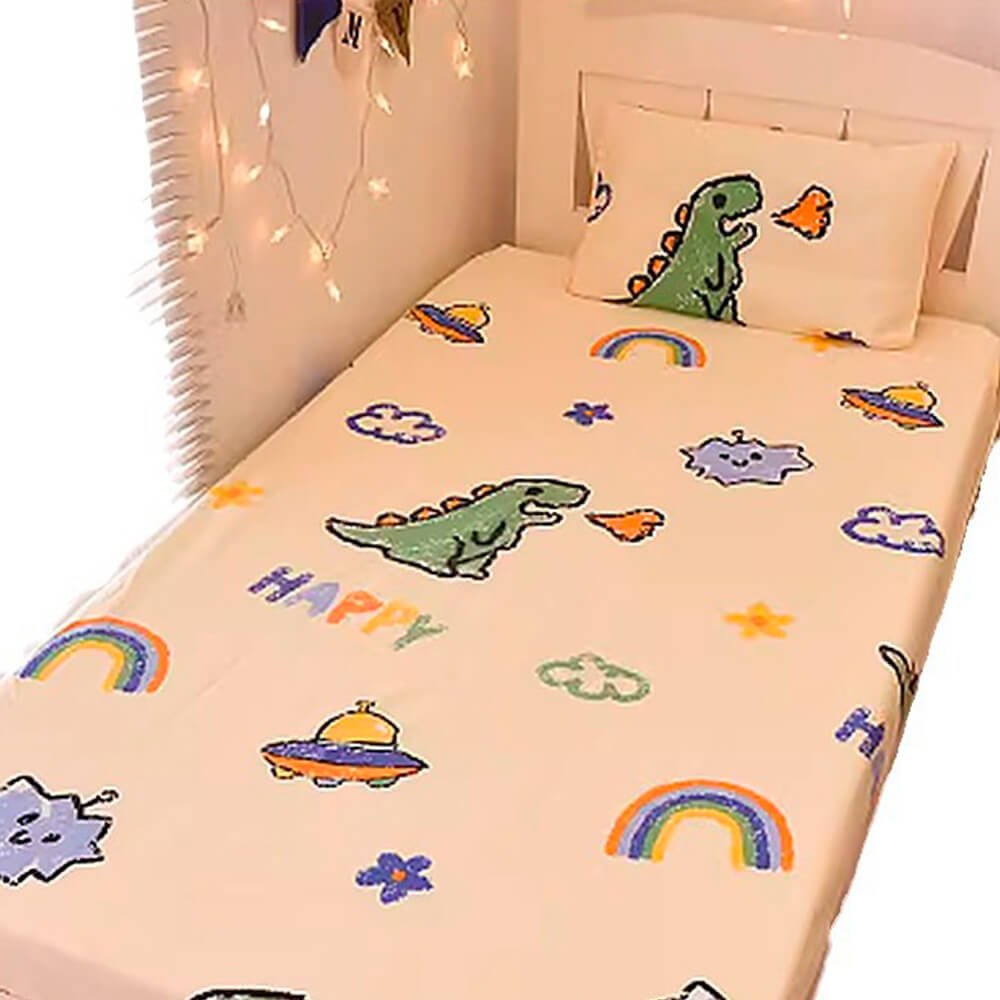 Babelio crib mattress with playful cartoon dinosaur and rainbow pattern in a nursery setting