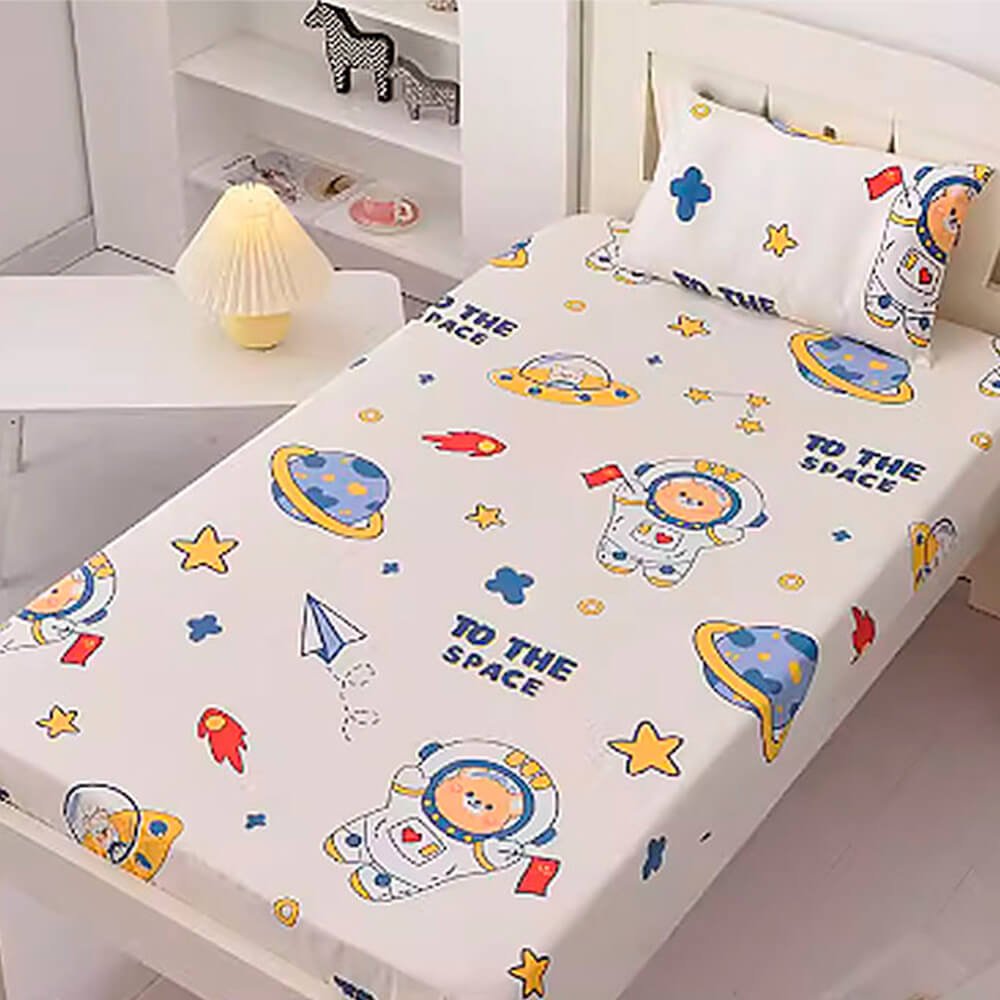Babelio crib mattress with playful astronaut and space patterns in a nursery setting