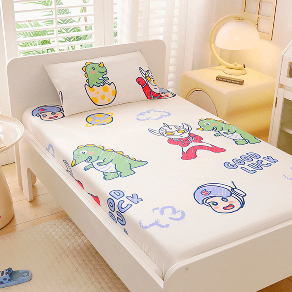 Babelio crib mattress with playful cartoon cotton sheet set in a bright nursery