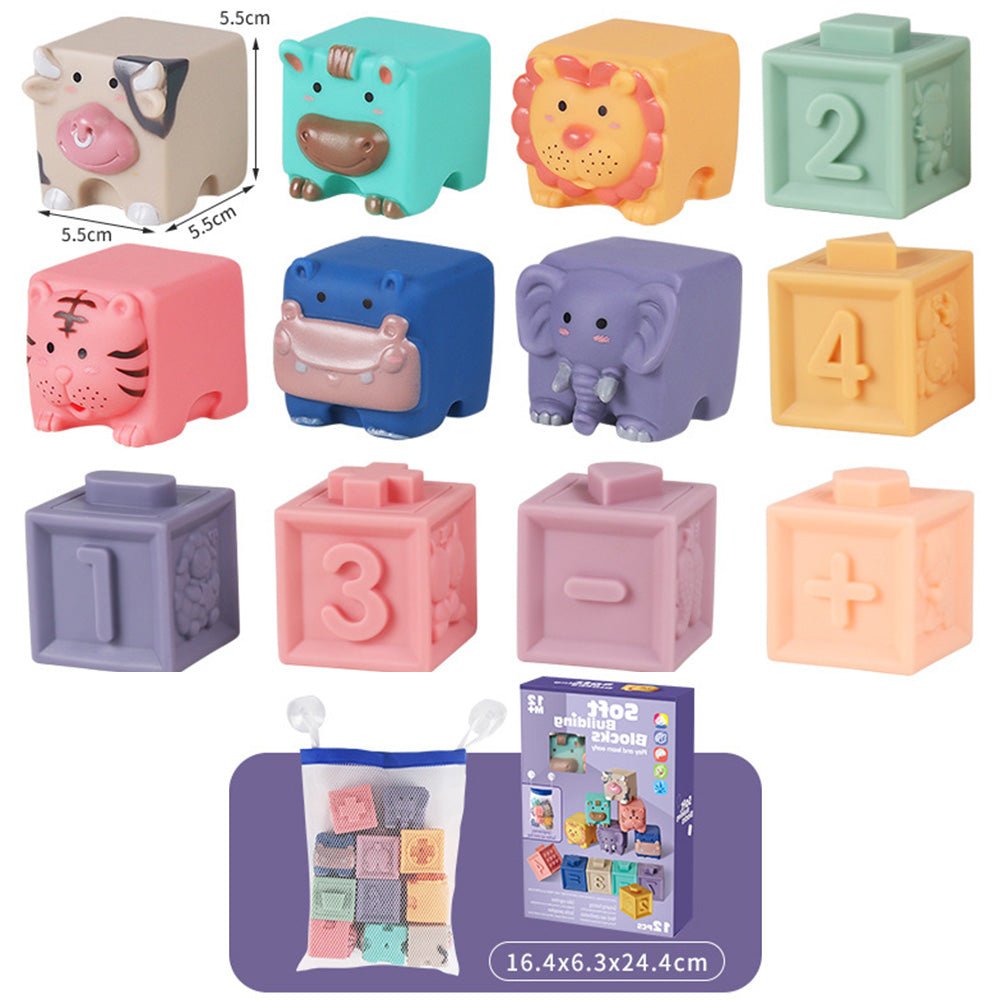 Babelio baby soft building blocks with animal and number designs, nursery toy set.
