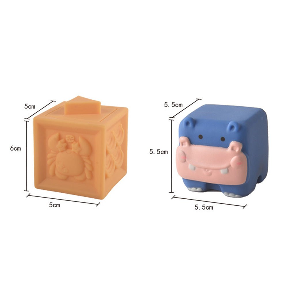 Babelio soft baby blocks featuring animal designs with size measurements, ideal for nursery play.