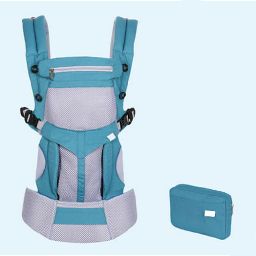 Babelio ergonomic blue baby carrier sling with padded straps and matching pouch