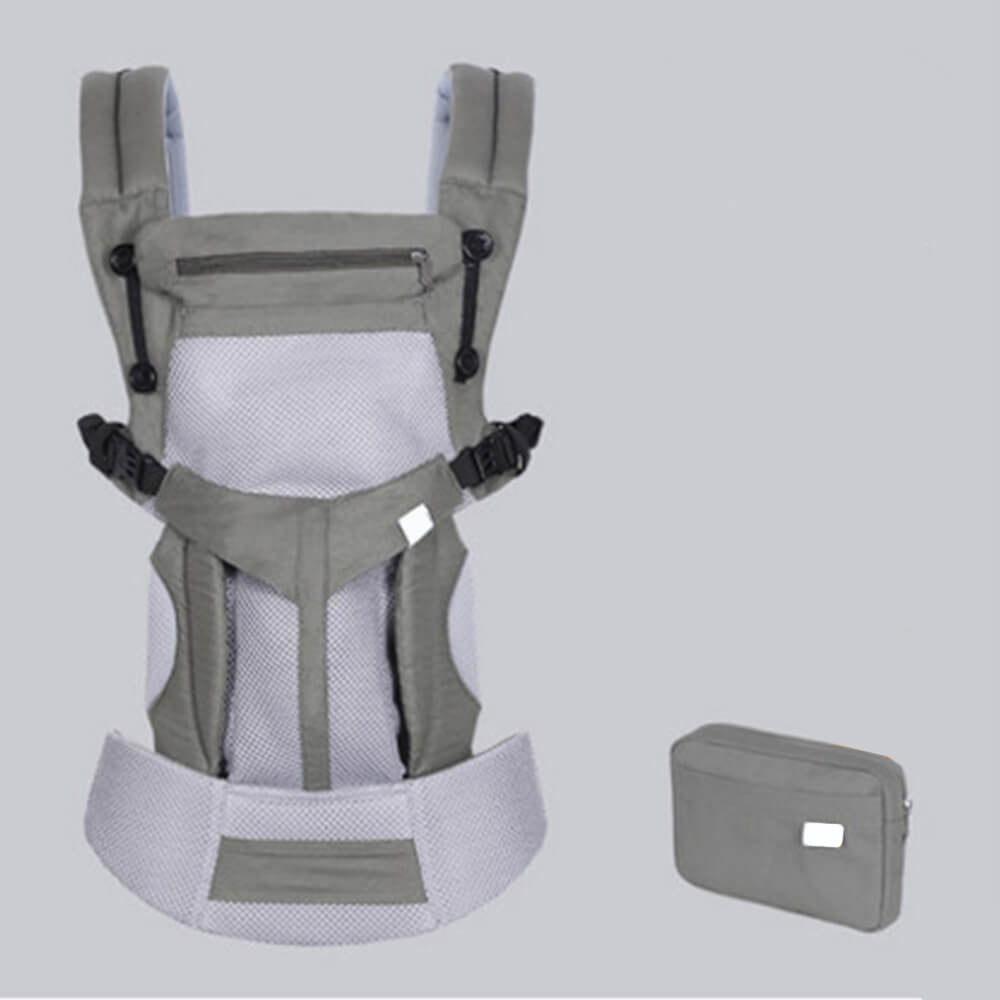 Babelio ergonomic grey baby carrier sling with pouch, product display on plain background
