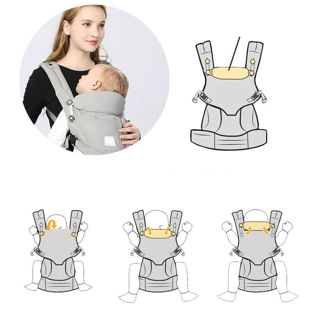 Babelio ergonomic baby carrier sling with infant, shown in neutral indoor setting.