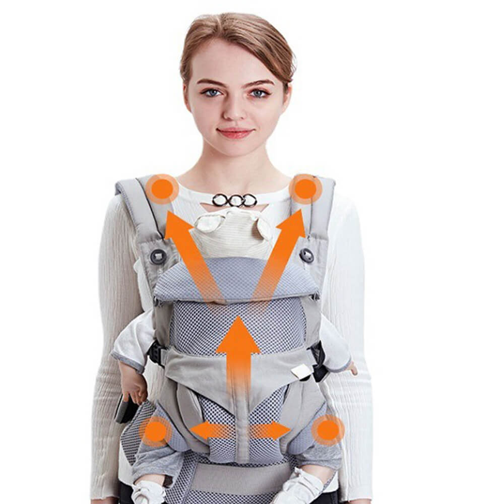 Babelio ergonomic baby carrier sling with toddler, shown on parent in home setting