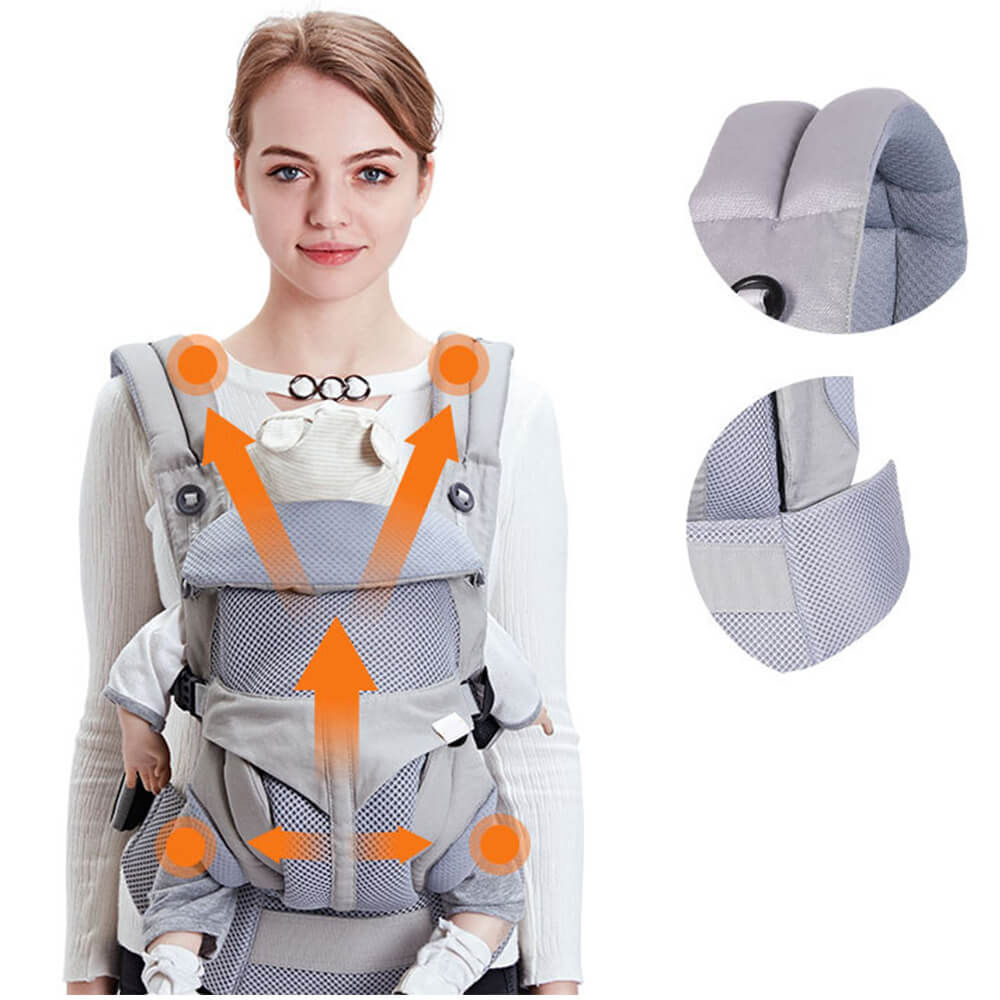 Babelio ergonomic 2-in-1 baby carrier sling with infant in front, shown in home setting