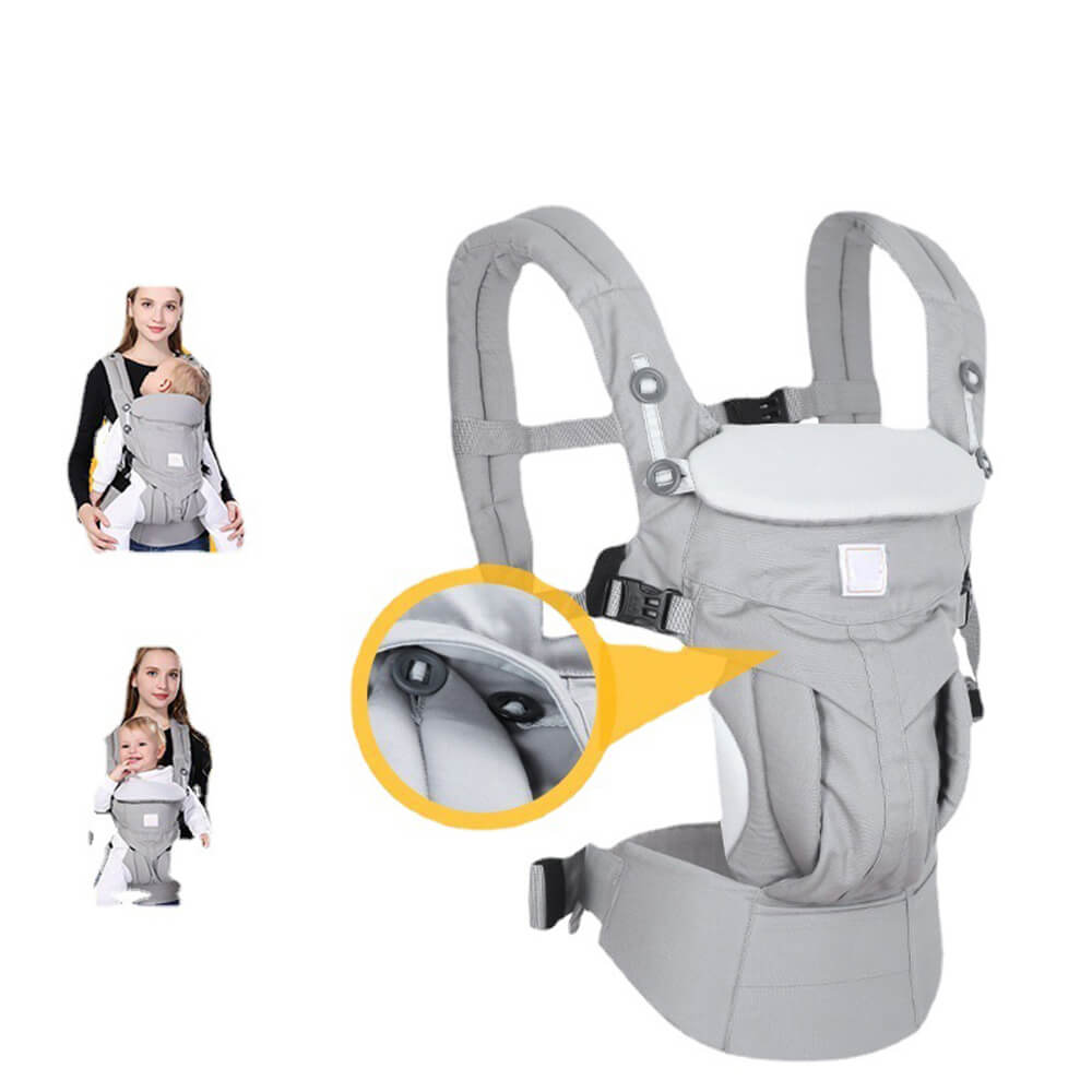 Babelio ergonomic grey baby carrier sling with infant and toddler shown, white background