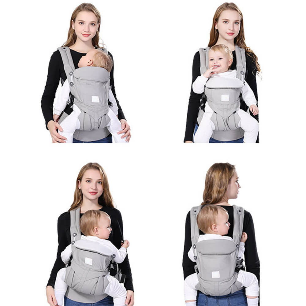 Babelio ergonomic baby carrier sling in use with infant, shown from multiple angles, indoors