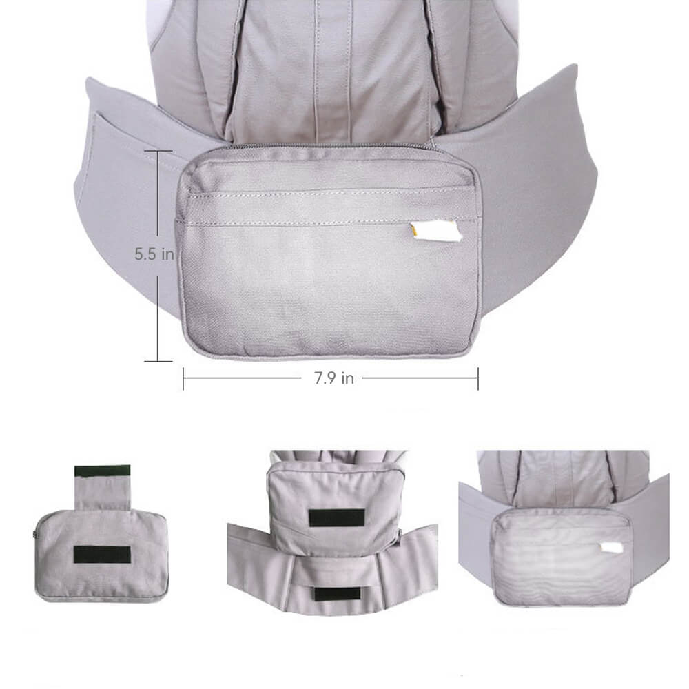 Babelio ergonomic baby carrier sling with adjustable gray waist pouch, shown in close-up.