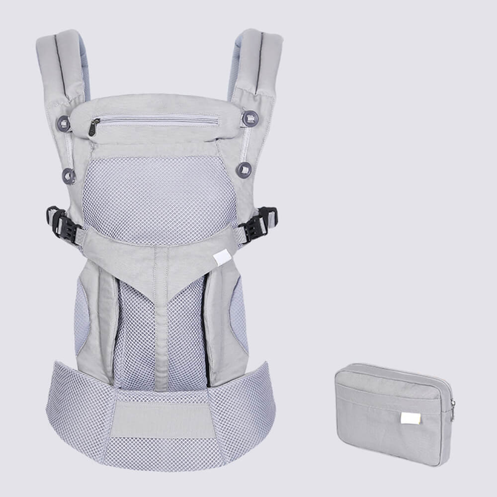 Babelio gray ergonomic baby carrier sling with matching pouch, product on light background