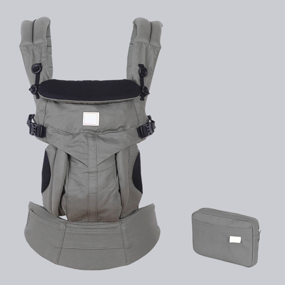 Babelio ergonomic 2-in-1 baby carrier sling with detachable pouch on grey background