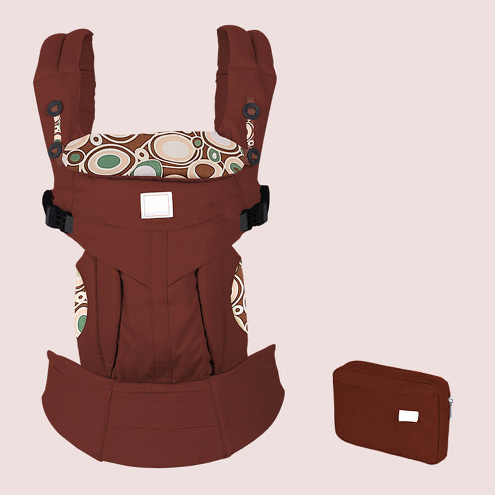 Babelio ergonomic baby carrier sling in brown with patterned accents, shown with matching pouch.