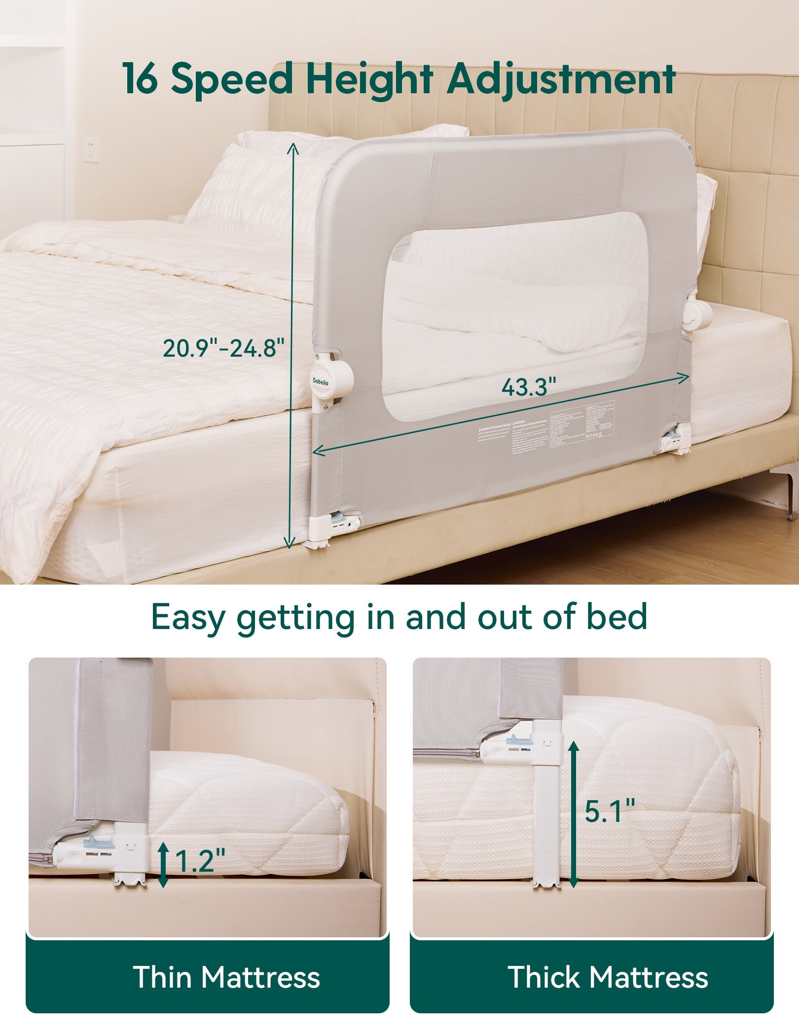 Babelio adjustable bed safety rail installed on bedroom bed, showing height settings for thin and thick mattresses.