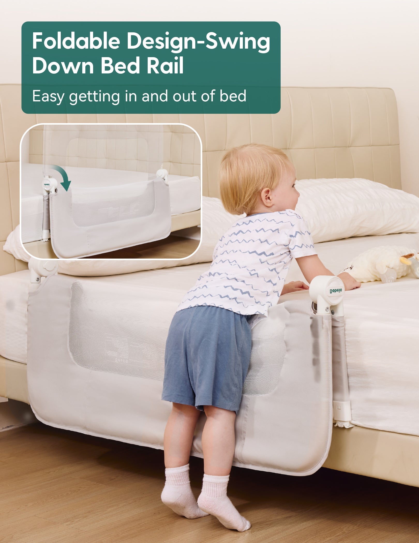 Babelio adjustable baby bed rail installed on bedroom bed, toddler climbing safely.