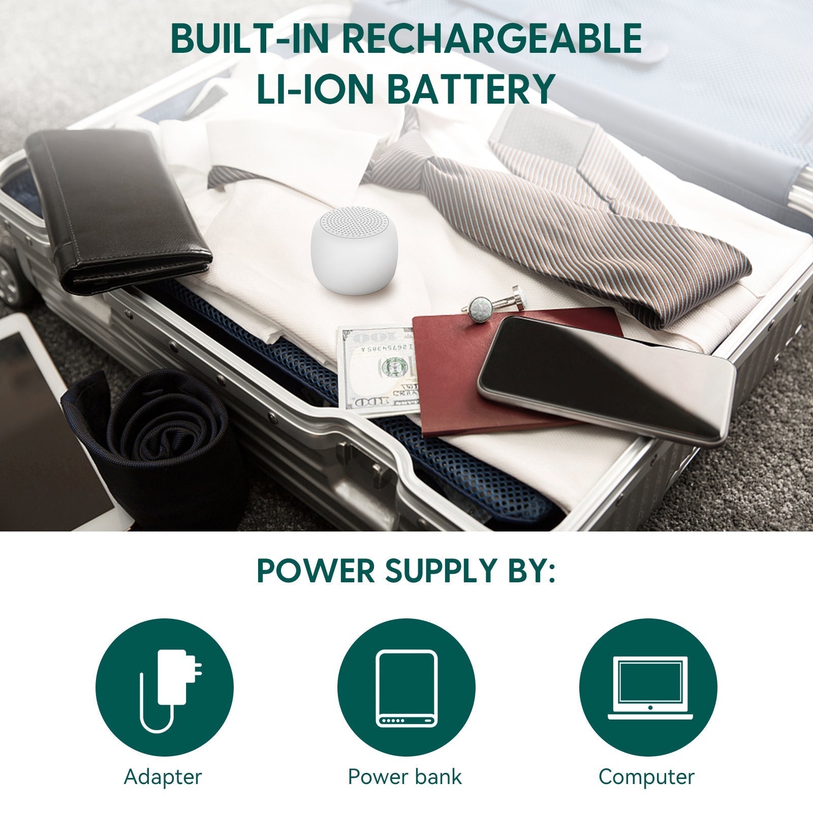 Babelio white noise machine for travel, compact on suitcase with clothes and accessories