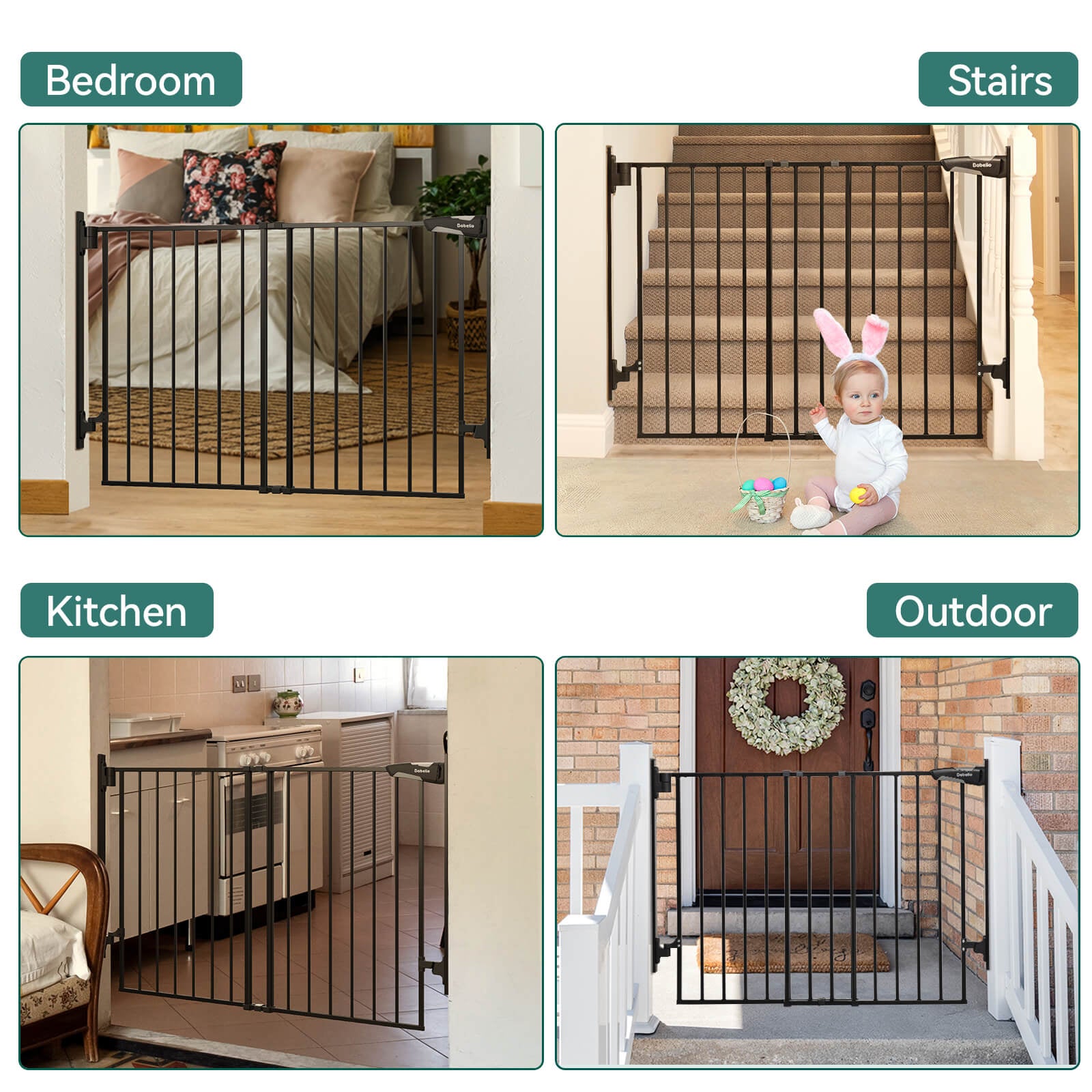 Baby gate suitable for various locations including bedrooms, stairs, kitchens, and outdoor areas, offering flexible installation and consistent safety protection for babies and pets, from the Boundless D8 series by Babelio.