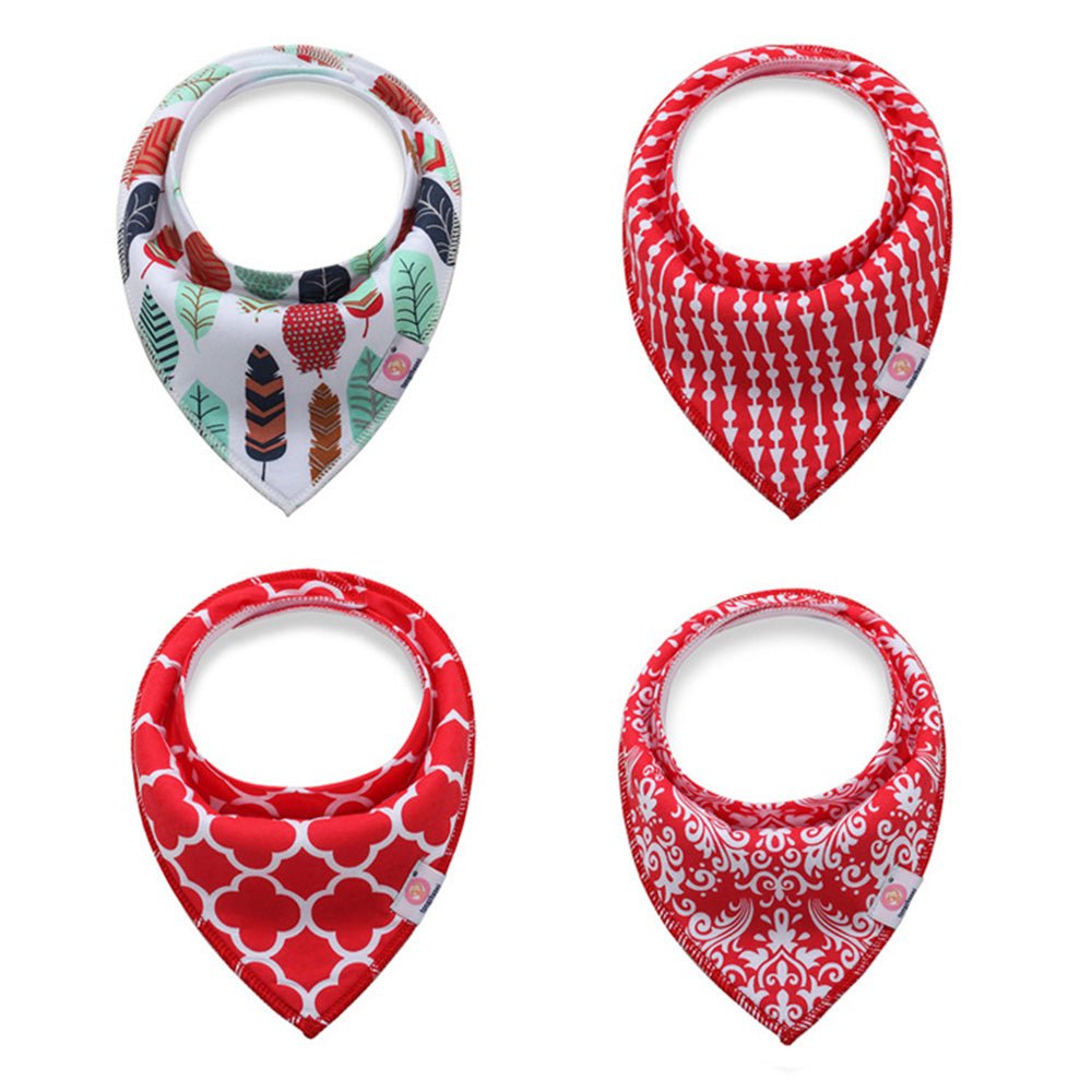 Babelio baby bandana bibs in assorted red and white patterns, set of four.