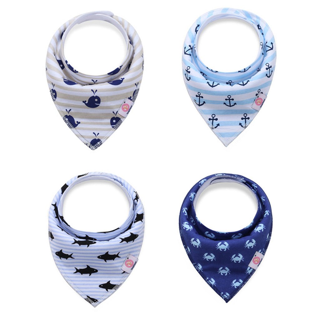 Babelio baby bandana bibs with nautical prints in blue, crab, shark, anchor, and whale designs.