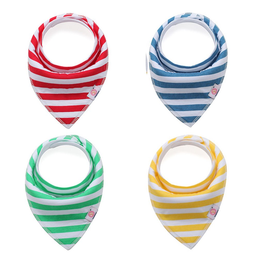 Babelio baby striped bandana bibs in red, blue, green, and yellow, set on white background